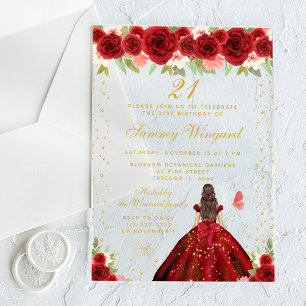 Invitations En Acrylique Red Floral Brunette Hair Princess Anniversaire