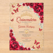 Invitations En Acrylique Red Gold Floral Quinceanera (Recto)
