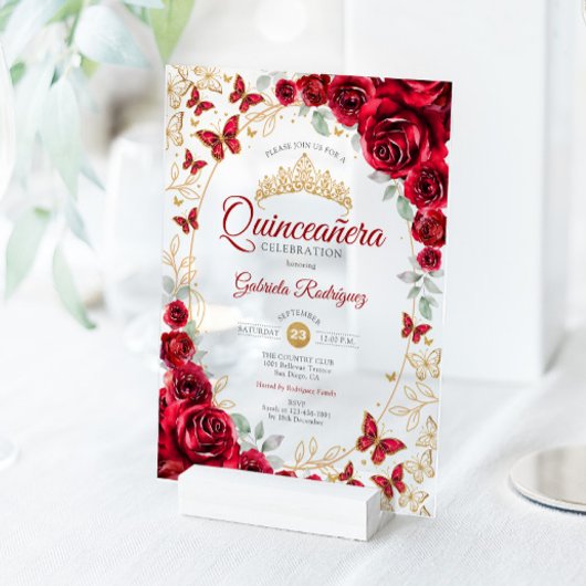 Invitations En Acrylique Red Gold Floral Quinceanera