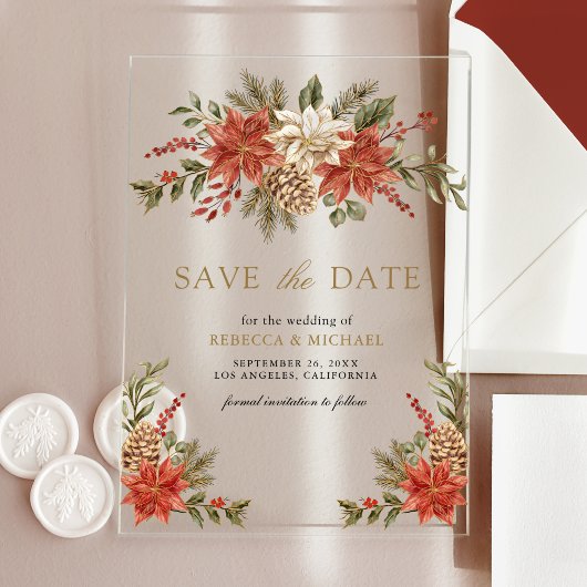 Invitations En Acrylique Red Gold Noël Floral Wedding Enregistrer la date
