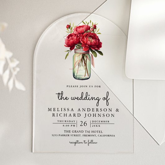 Invitations En Acrylique Red Peony Floral Mason Jar Wedding
