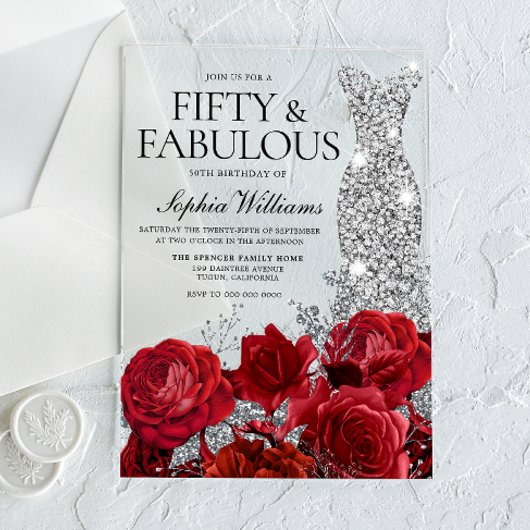 Invitations En Acrylique Red Roses Diamond Gown Noir 50e fête d'anniversair