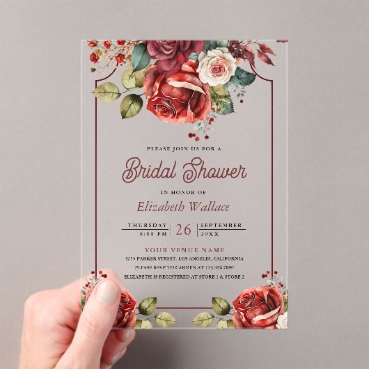 Invitations En Acrylique Red Roses Floral Bridal Shower (In situ (ordinateur de poche))