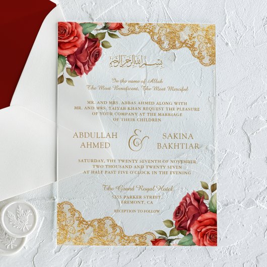 Invitations En Acrylique Red Roses Gold Lace Muslim Wedding
