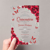 Invitations En Acrylique Red Silver Floral Quinceanera (In situ (ordinateur de poche))