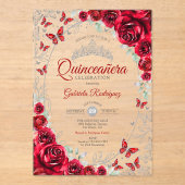 Invitations En Acrylique Red Silver Floral Quinceanera (Recto)
