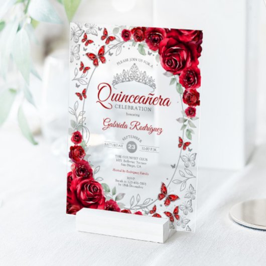 Invitations En Acrylique Red Silver Floral Quinceanera
