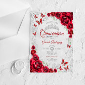 Invitations En Acrylique Red Silver Floral Quinceanera