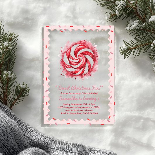 Invitations En Acrylique "Red & White Candy Winter Birthday