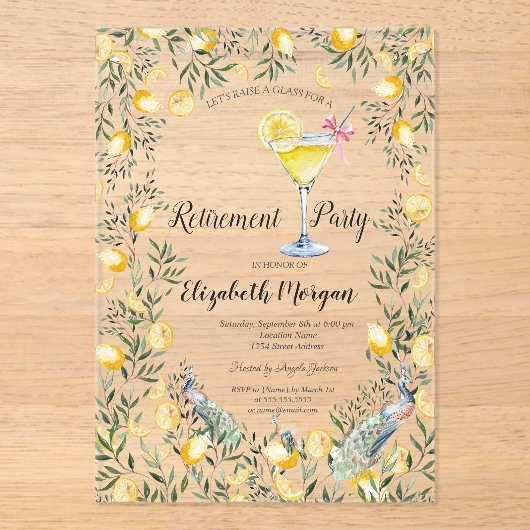 Invitations En Acrylique Retrait de cocktail Citrons Peacock (Recto)