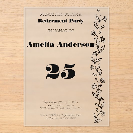 Invitations En Acrylique Retraite minimaliste moderne marguerite noir (Recto)