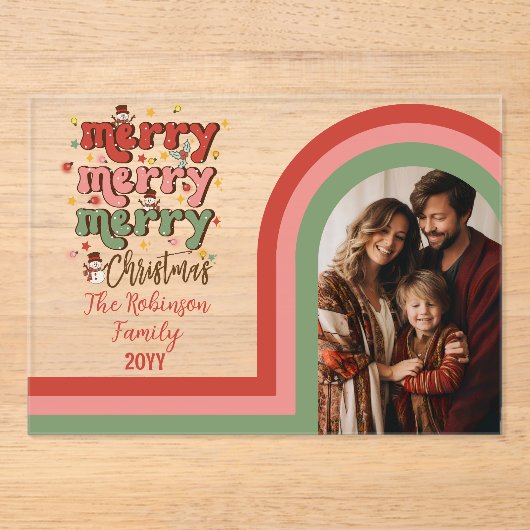 Invitations En Acrylique Retro Arch Joyeux Noël Photo famille (Recto)