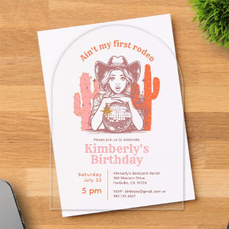 Invitations En Acrylique Retro Pink Orange Disco Ball Cowgirl Birthday