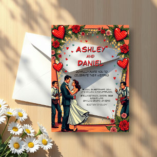 Invitations En Acrylique Retro Romantique Couple Dancing Comic Style Mariag