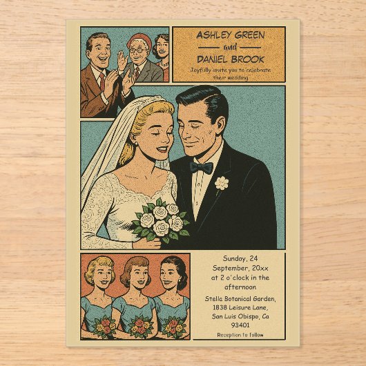 Invitations En Acrylique Retro Whimsical Romantic Bride Groom Comic Mariage (Recto)