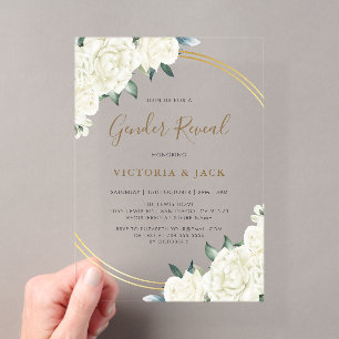 Invitations En Acrylique Révélation de sexe de verdure florale ivoire or él