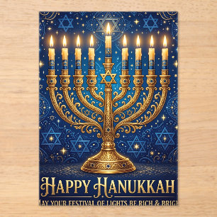 Invitations En Acrylique Riche Hanukkah bleu et or orné de bijoux