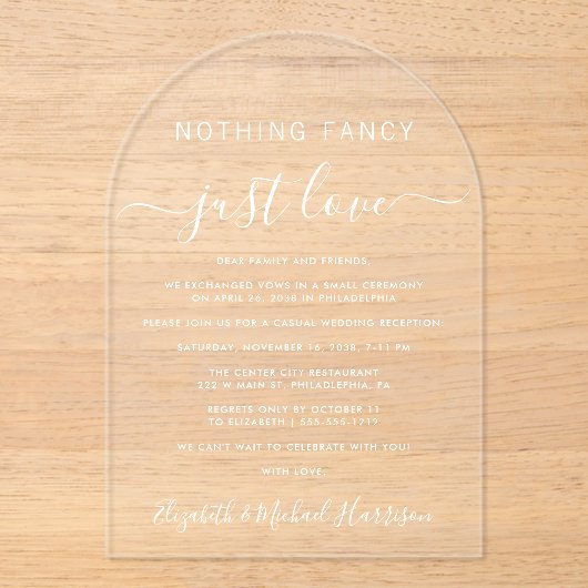 Invitations En Acrylique Rien De Fancy Just Love Arch Mariage Réception (Recto)