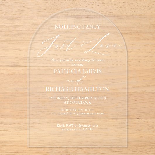 Invitations En Acrylique Rien De Fancy Just Love Mariage intime (Recto)