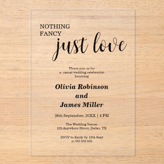 Invitations En Acrylique Rien de fantaisie Juste Amour Mariage Décontracté (Recto)