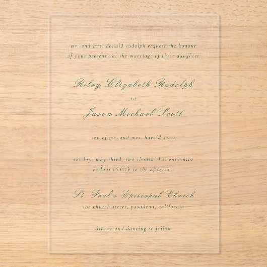 Invitations En Acrylique Riley Emerald Green Mariage élégant (Recto)