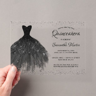Invitations En Acrylique Robe à paillettes noires pour une fête de Quinceañ