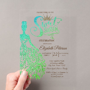 Invitations En Acrylique Robe à paillettes vertes, Diamants Verts Douce 16