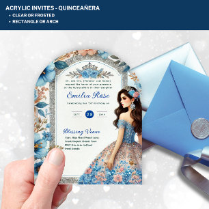 Invitations En Acrylique Robe Acrylique Quinceañera Bleu Argent Pêche Flora