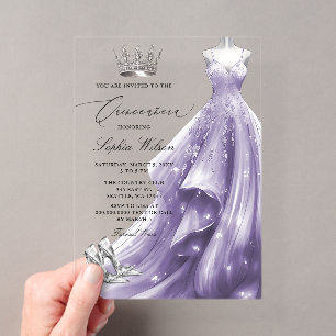 Invitations En Acrylique Robe argentée et violette pour Quinceañera flocons