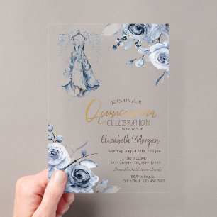 Invitations En Acrylique Robe bleu clair Roses bleues Quinceañera
