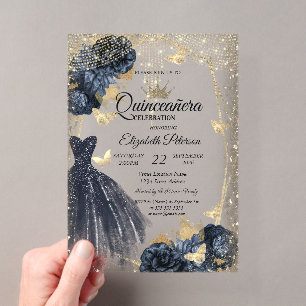 Invitations En Acrylique Robe bleu foncé, Roses, Papillons dorés Quinceañer