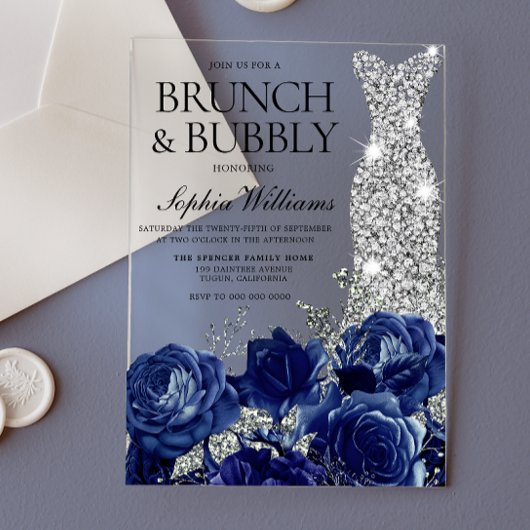 Invitations En Acrylique Robe Bleue Argent Brunch & Fête des mariées Bubbly