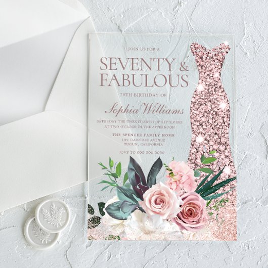 Invitations En Acrylique Robe & Blush Floral Womans 70e fête d'anniversaire