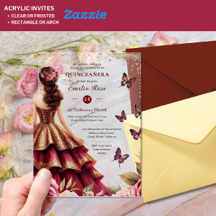 Invitations En Acrylique Robe Burgundy Rouge Or Papillons pour Quinceañera