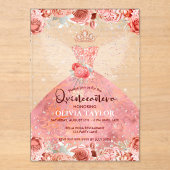 Invitations En Acrylique Robe chic rose or blush robe florale Quinceanera (Recto)
