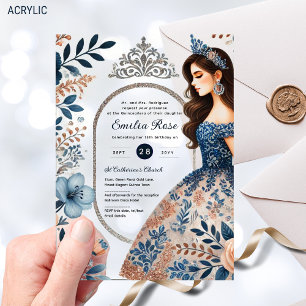Invitations En Acrylique Robe d'argent BLEU Quinceañera Floral Quince