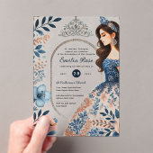 Invitations En Acrylique Robe d'argent BLEU Quinceañera Floral Quince (In situ (ordinateur de poche))