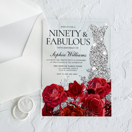 Invitations En Acrylique Robe d'argent Gown Roses rouges 90e fête d'anniver