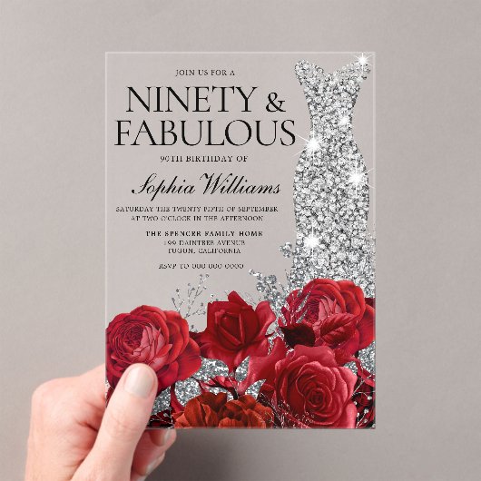 Invitations En Acrylique Robe d'argent Gown Roses rouges 90e fête d'anniver (In situ (ordinateur de poche))