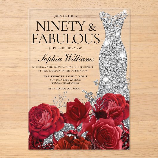 Invitations En Acrylique Robe d'argent Gown Roses rouges 90e fête d'anniver (Recto)