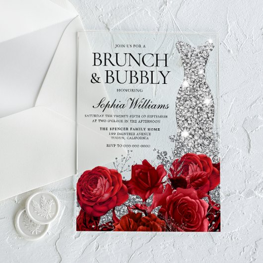 Invitations En Acrylique Robe d'argent Rouge Rose Brunch Fête des mariées m