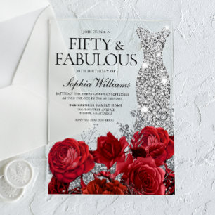 Invitations En Acrylique Robe de diamant de roses rouges noire 50e annivers