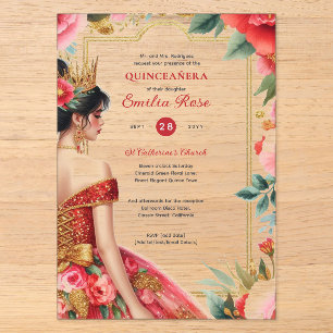 Invitations En Acrylique Robe de fleurs rouges et or pour Quinceañera