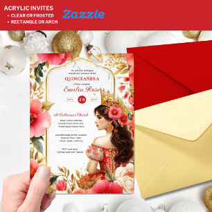 Invitations En Acrylique Robe de fleurs rouges et or pour Quinceañera Mis Q
