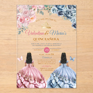 Invitations En Acrylique Robe de jumelles fille Quinceañera 15 Ans Fleurs O