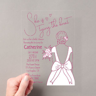 Invitations En Acrylique Robe de Mariée à Nœud Rose Dessinée à la Main Show