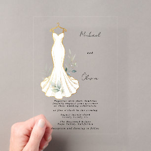 Invitations En Acrylique Robe de mariée Faux Gold et Greenery