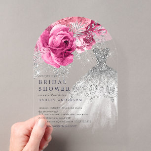 Invitations En Acrylique Robe de mariée florale rose et argentée pour la do