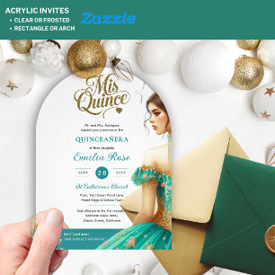 Invitations En Acrylique Robe de mis quince ans sarcelle vert or arch