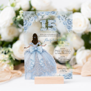 Invitations En Acrylique Robe de princesse bleue florale Coquette Quinceane
